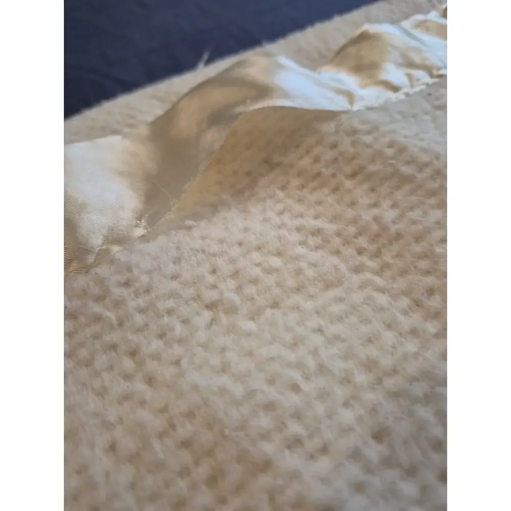 Vintage Acrylic Waffle Weave Blanket Ivory Cream Twin Satin Trim USA 69x87